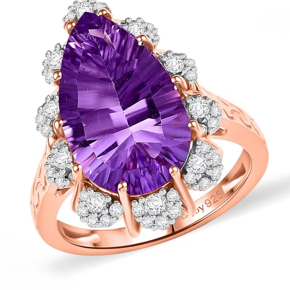 Amethyst & White Zircon 8.70 ctw Ring in 18K Rose Gold Over Sterling Silver